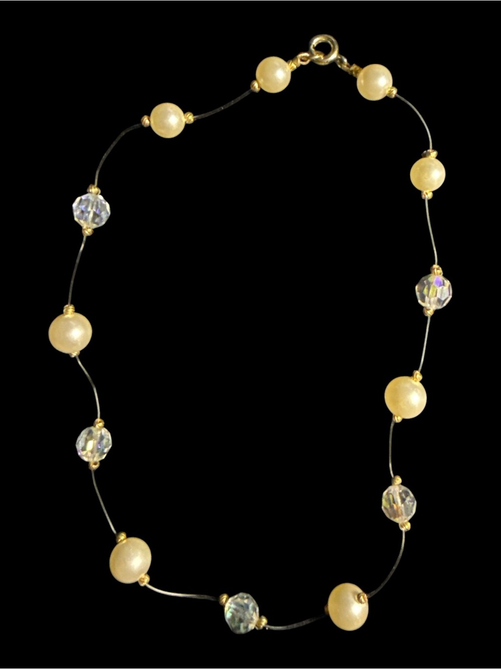 Faux Pearl AB Crystal Illusion Necklace Gold Tone Vintage Style 15”